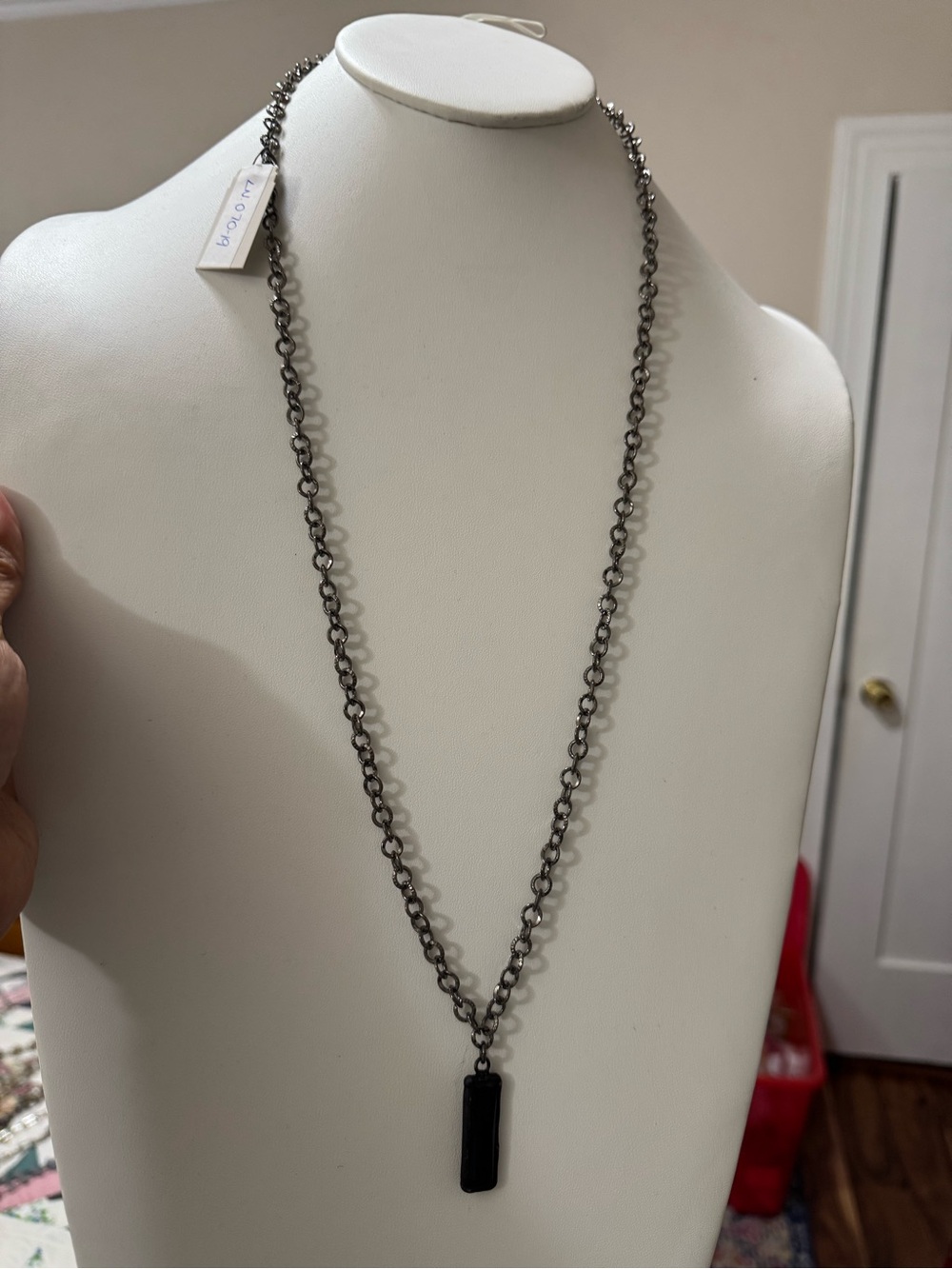 Lula n Lee Woman Long Gunmetal Chain Necklace with Black Pendant